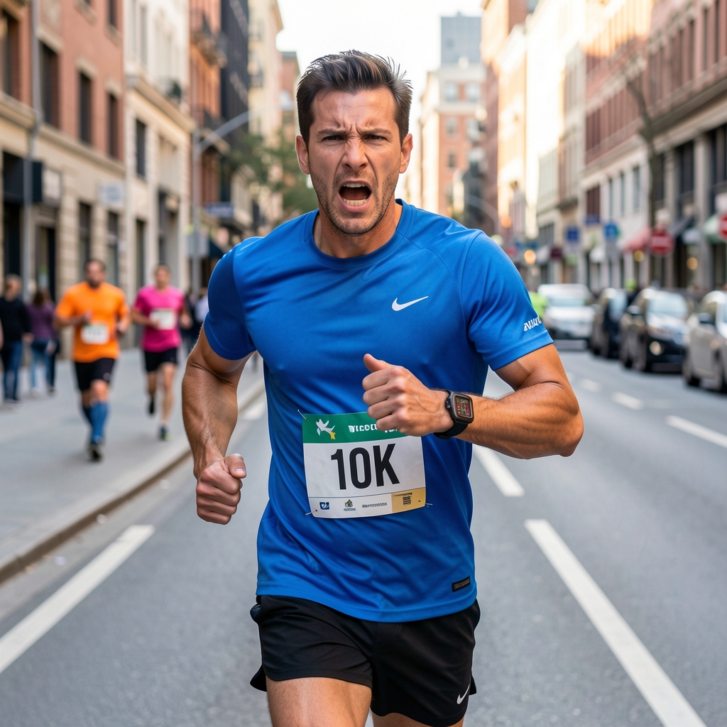 Corredor urbano en tramo final de carrera de 10K por las calles de Buenos Aires, con cronómetro deportivo en la muñeca y expresión de esfuerzo máximo