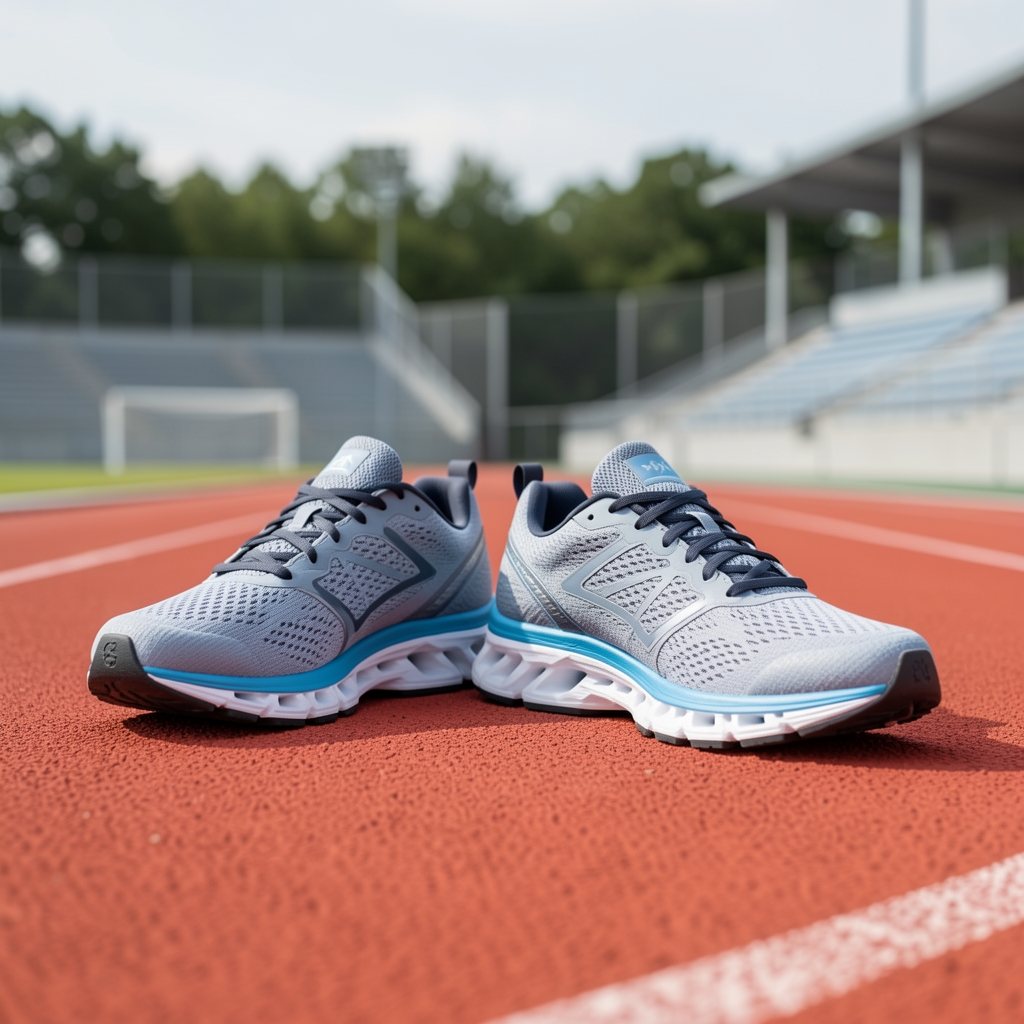 Par de zapatillas de running profesionales sobre una pista de atletismo roja, mostrando la tecnología de amortiguación en la suela y el upper de malla