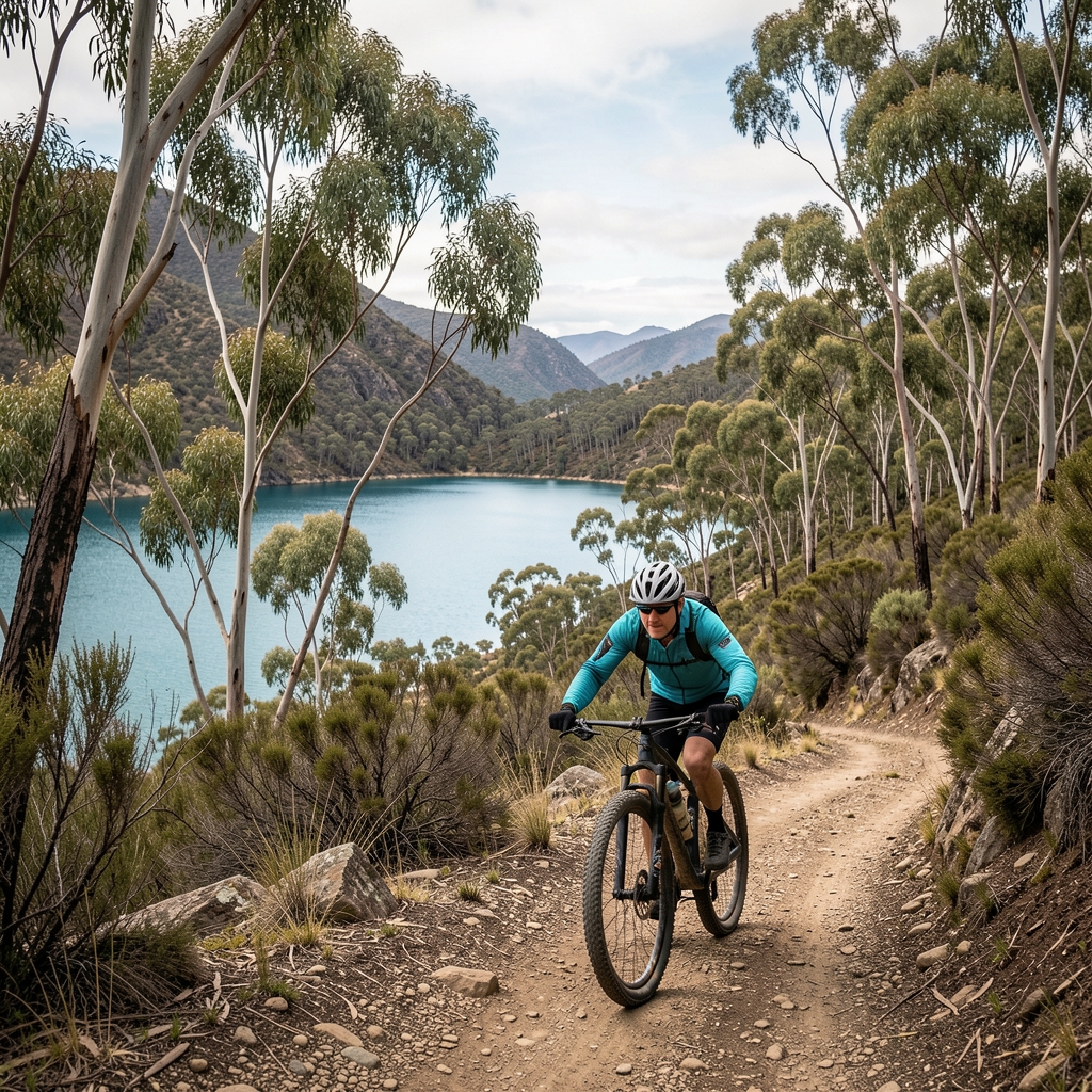 Ciclista de montaña en sendero patagónico con vista a lago azul y bosque de lengas