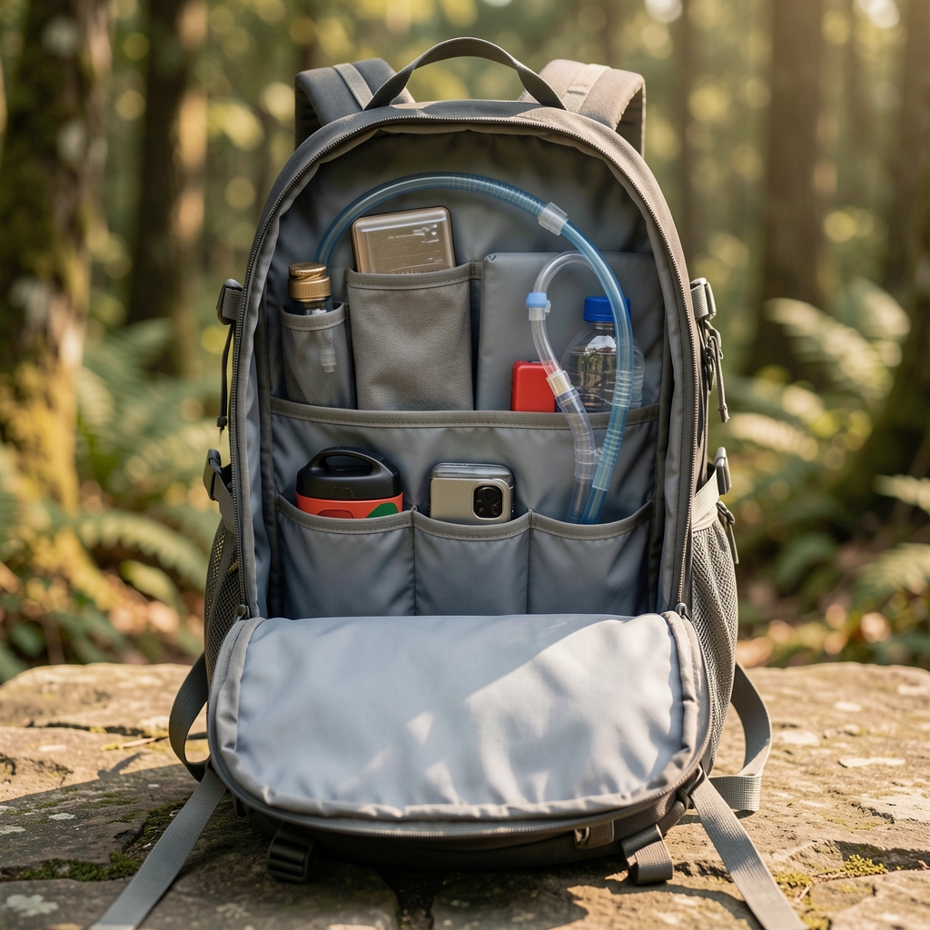 Mochila de trekking abierta mostrando organización interior con compartimentos y sistema de hidratación