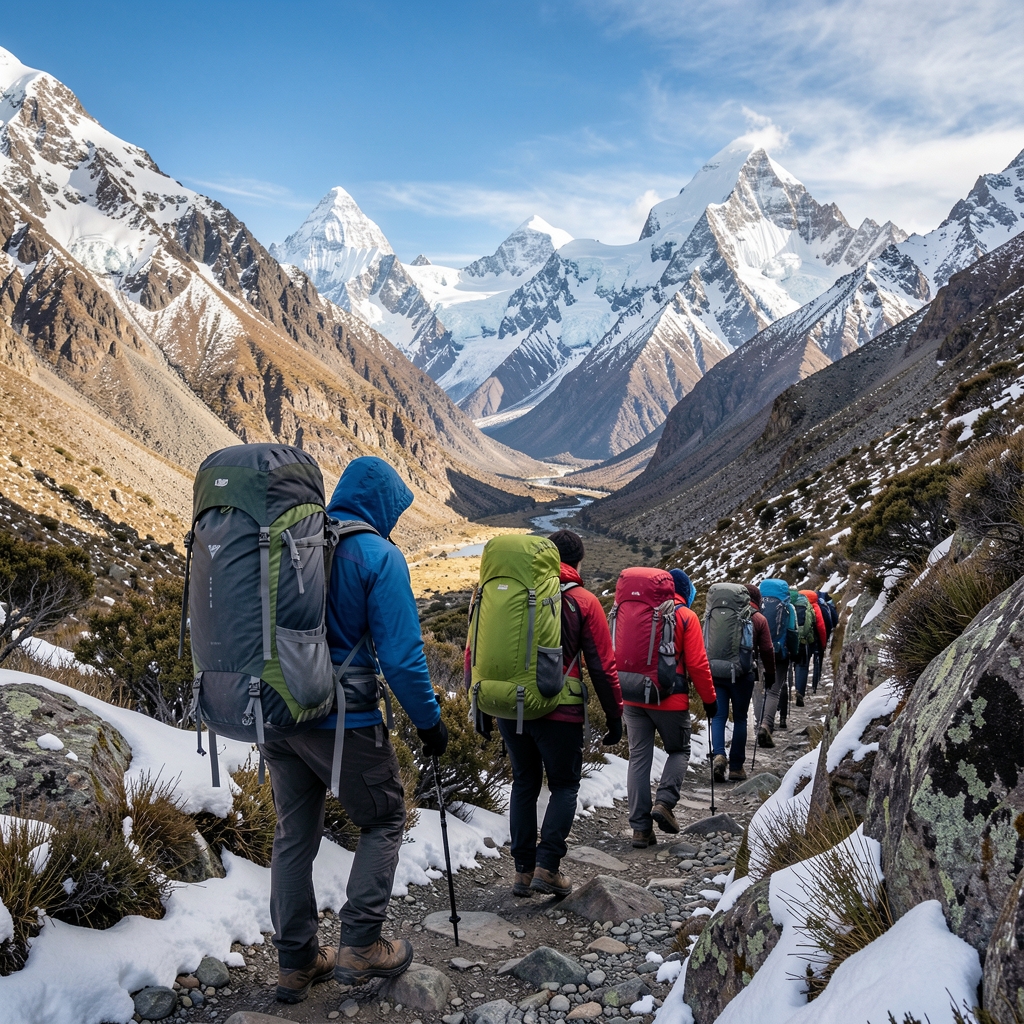 Grupo de trekkers con mochilas grandes descendiendo por un paso de montaña en la Patagonia argentina rodeados de picos nevados y cielo azul