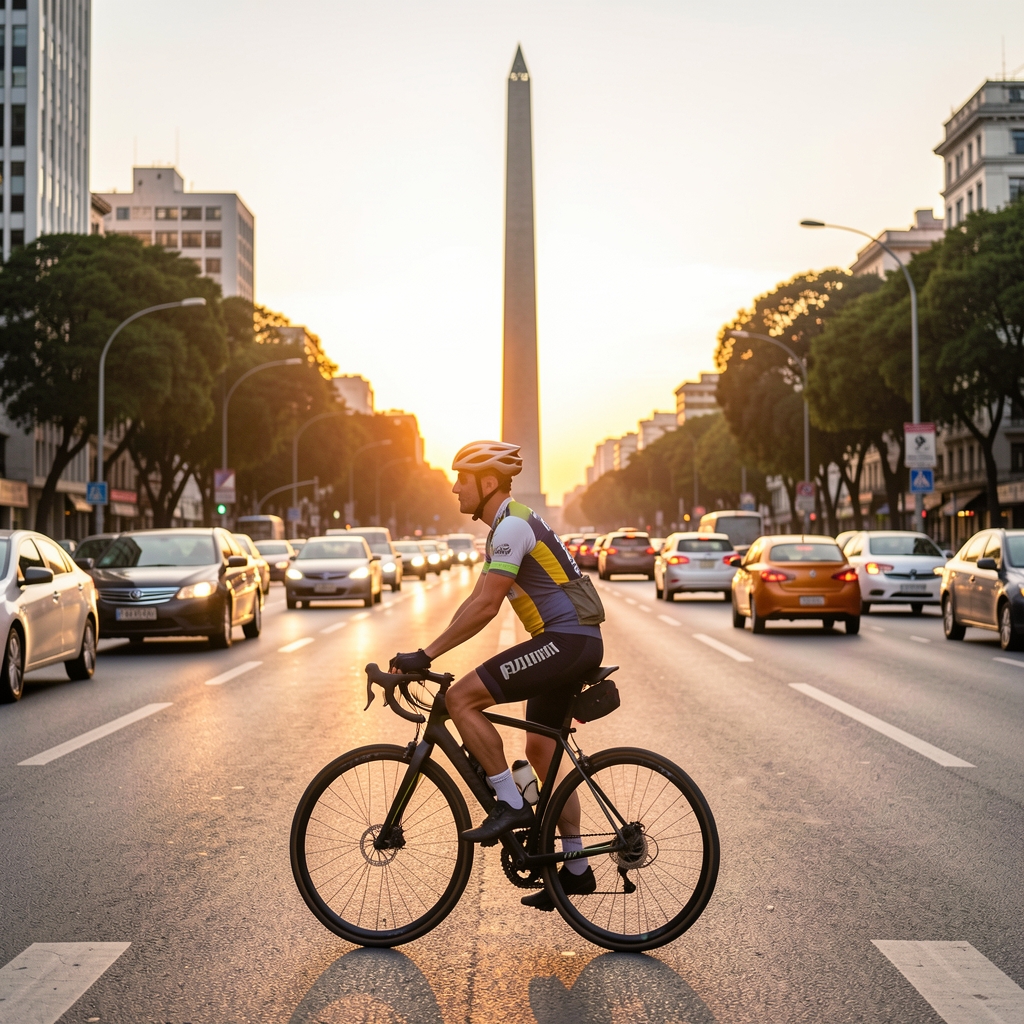 Ciclista urbano con bicicleta de ruta cruzando una avenida porteña al atardecer, con el Obelisco de Buenos Aires visible al fondo entre el tráfico