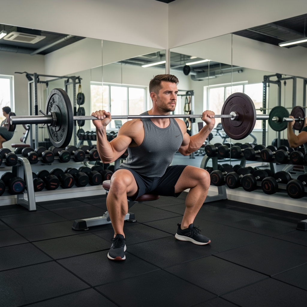 Deportista realizando sentadilla con barra olímpica en un gimnasio bien equipado con espejo de pared y suelo de goma negra antideslizante