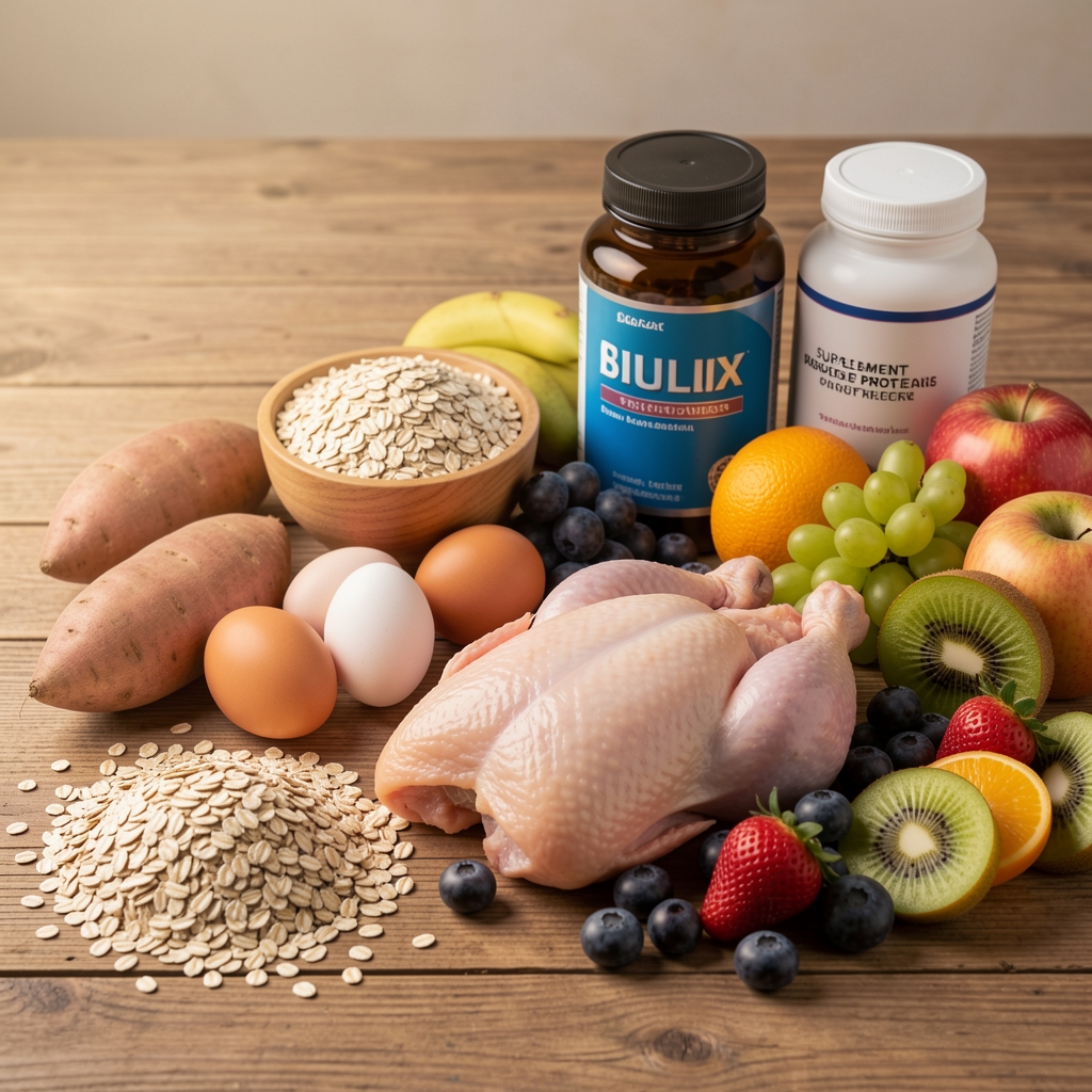Mesa con alimentos saludables para deportistas: batata, avena, huevos, pollo, frutas y suplementos proteicos ordenados de manera estética sobre superficie de madera