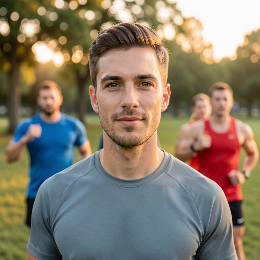 Grupo de runners principiantes en una clase de entrenamiento al aire libre en un parque de Buenos Aires, con instructor deportivo guiando la sesión al amanecer