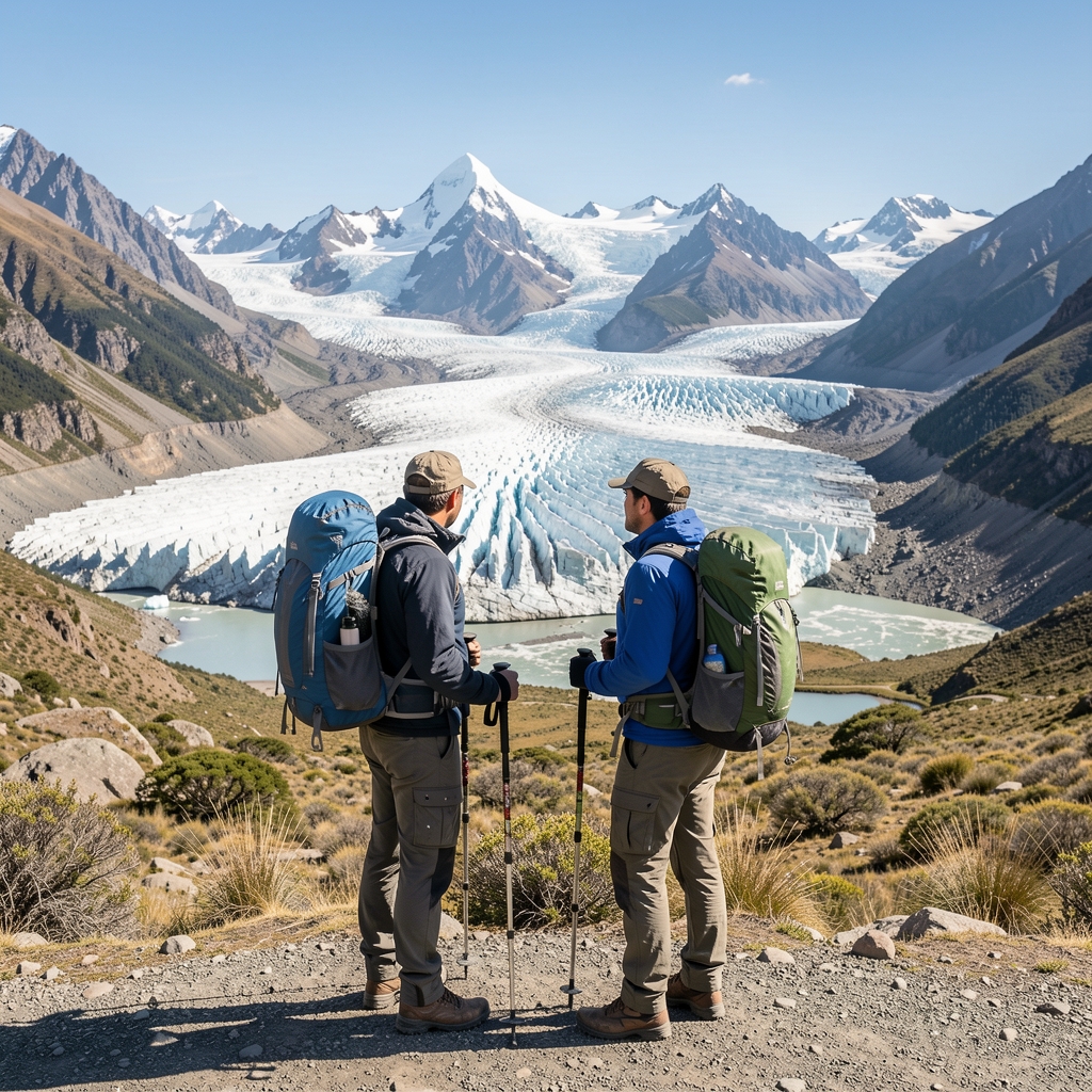 Dos excursionistas con equipamiento completo de trekking observando el paisaje de glaciares y montañas en la Patagonia argentina en un día soleado de primavera
