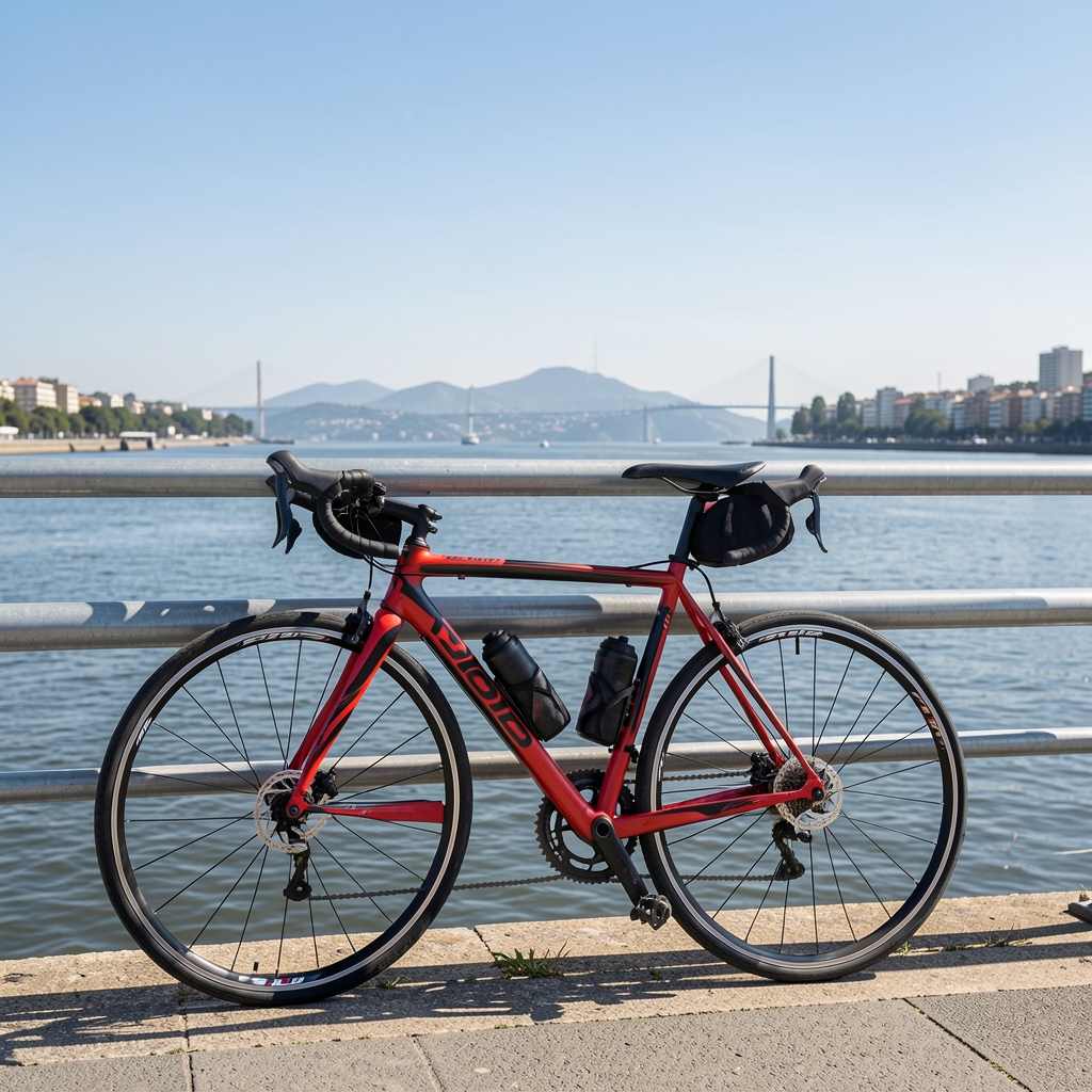 Bicicleta de ruta Trek Domane de color rojo y negro apoyada en barandilla metálica con el río Río de la Plata de fondo en un día despejado