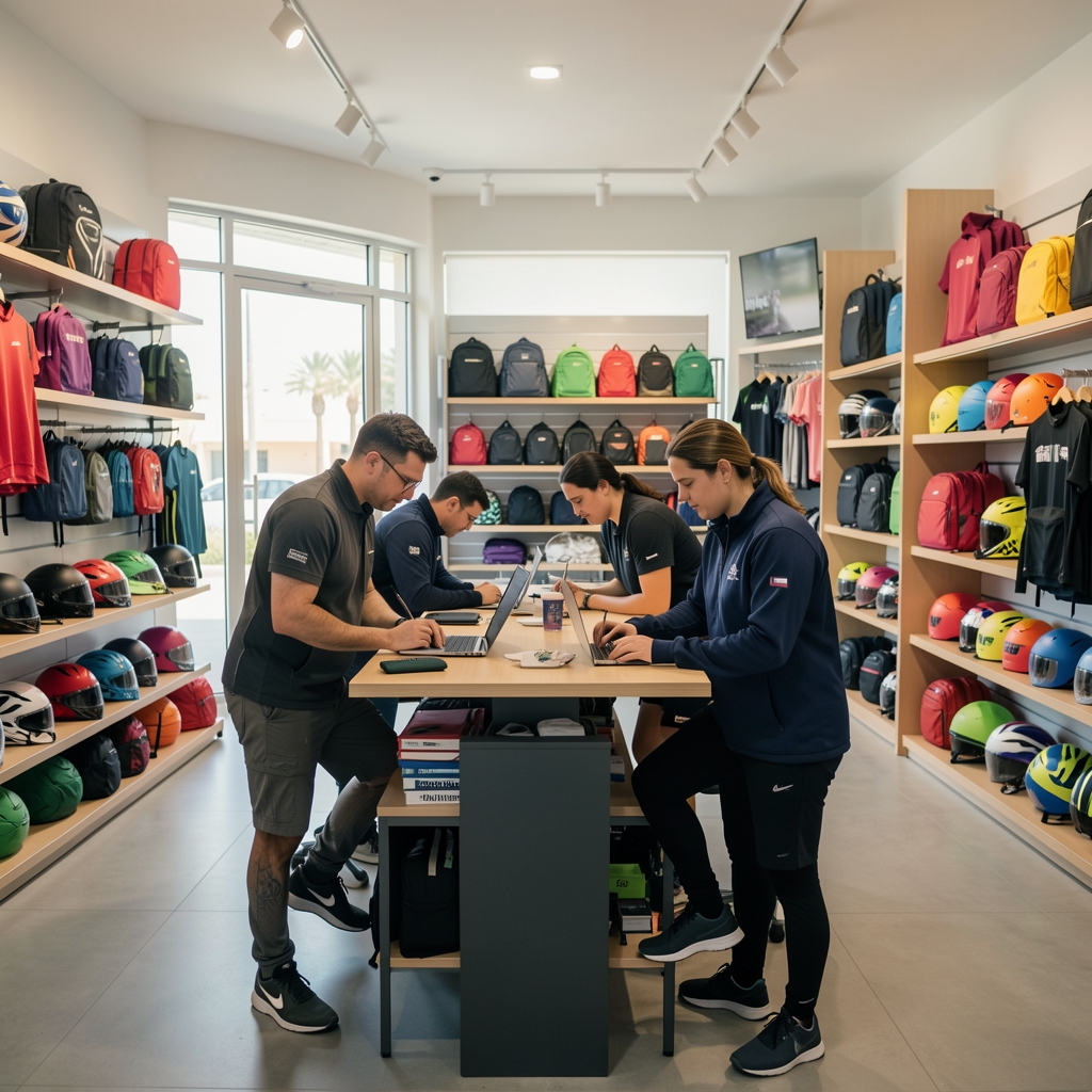 Equipo de Sportivox Argentina en la sede de Bahía Blanca, trabajando en el showroom de artículos deportivos