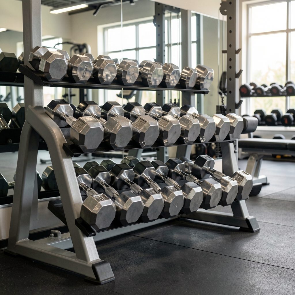 Set completo de mancuernas hexagonales de hierro cromado en soporte de acero ordenadas por peso en un rack de gimnasio profesional