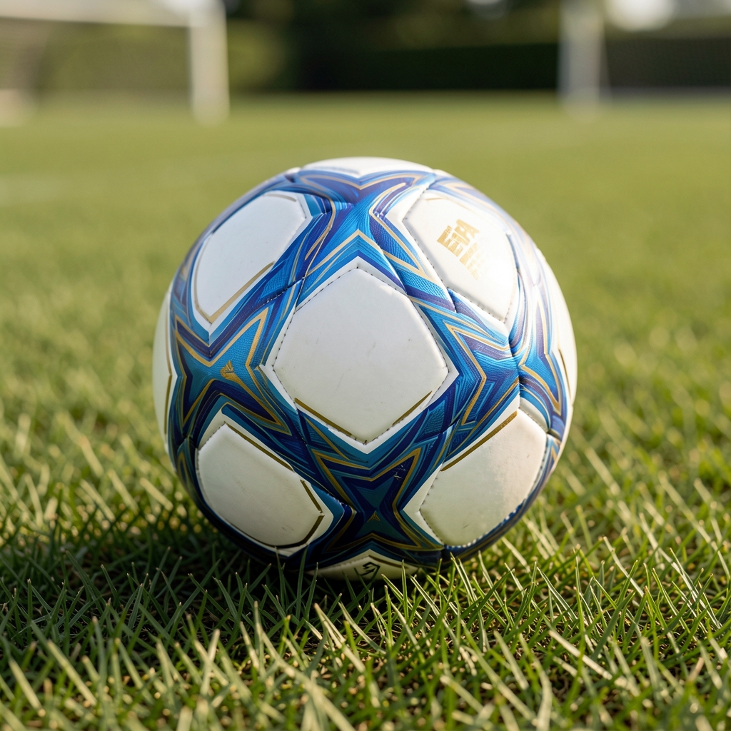 Pelota de fútbol oficial Adidas Champions League blanca y negra sobre césped sintético