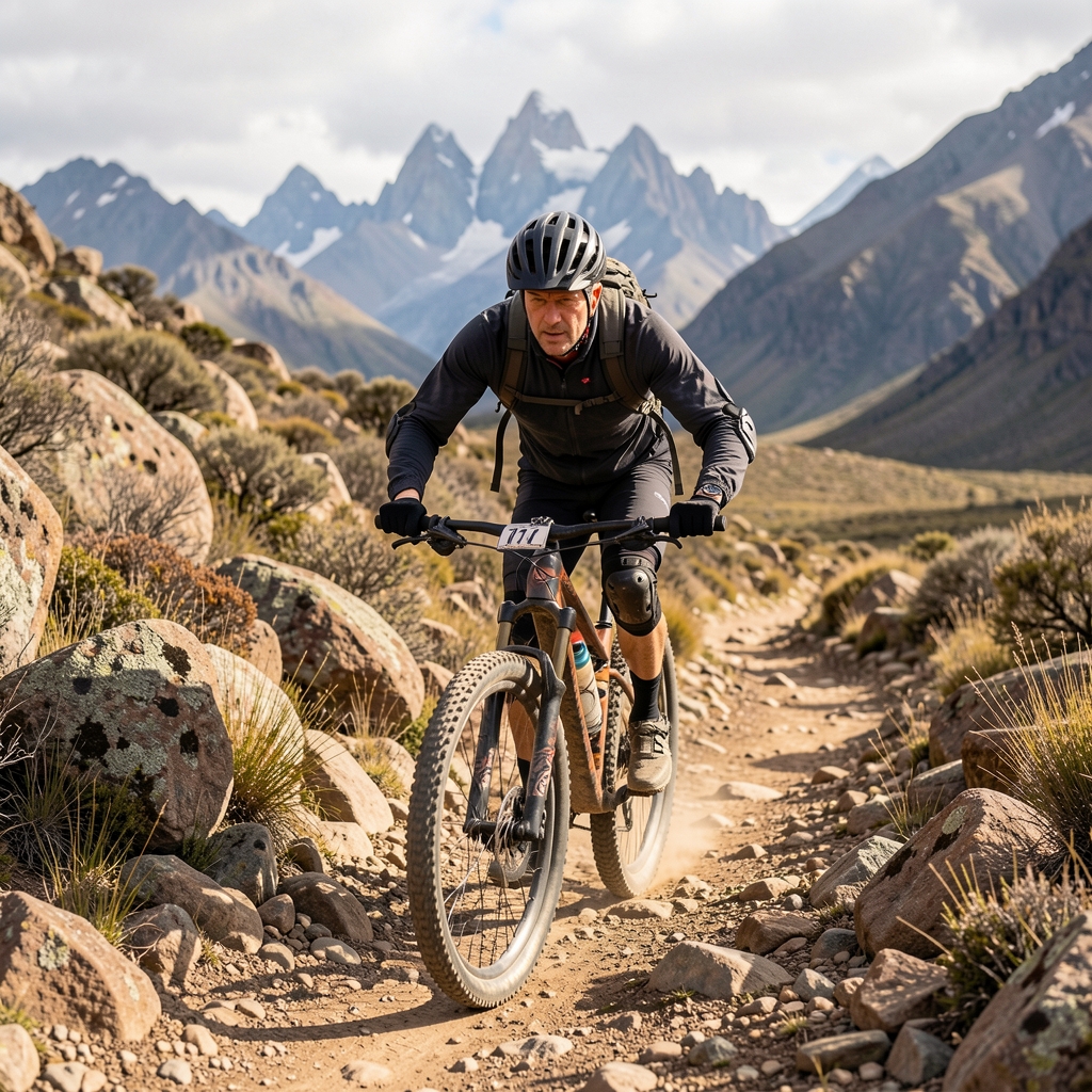 Ciclista en bicicleta de montaña recorriendo sendero rocoso en la Patagonia argentina, con protecciones y casco