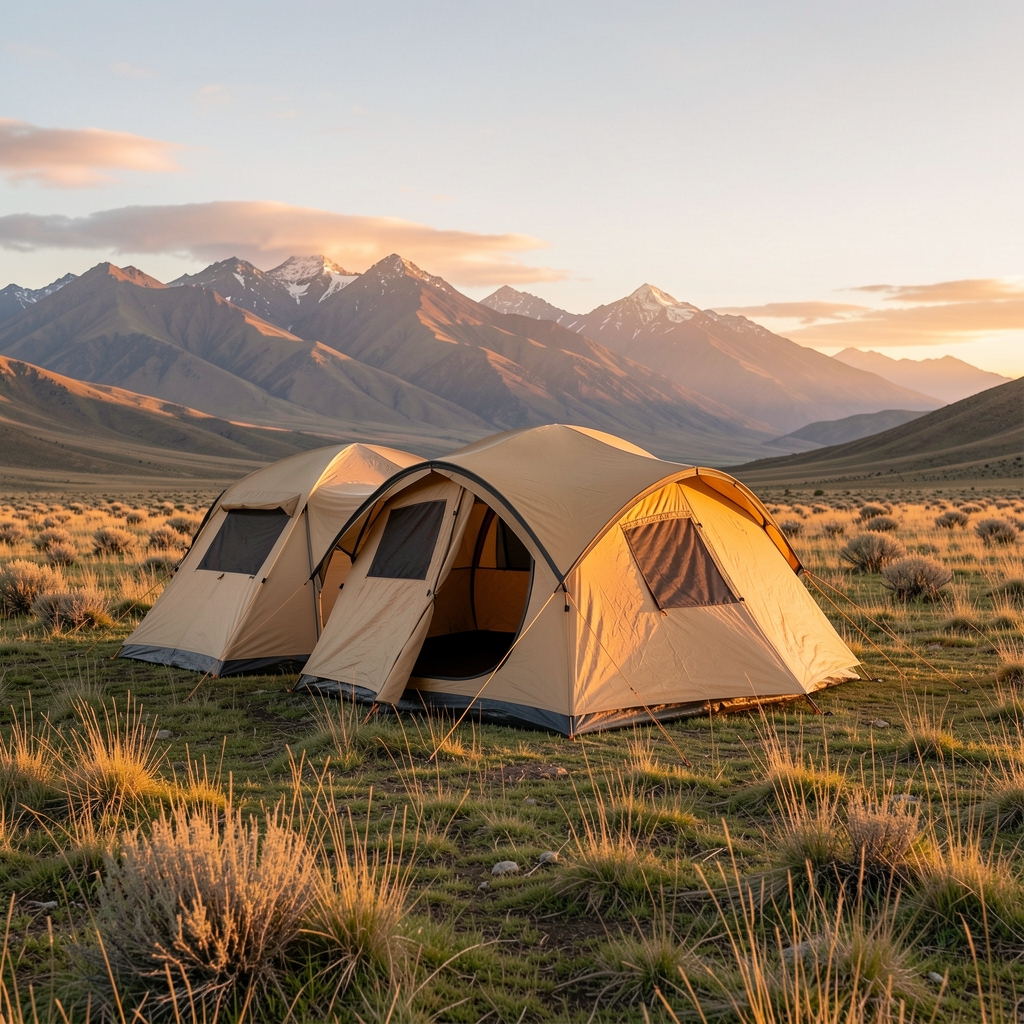 Carpa de tres estaciones montada en un campo de hierba con luz cálida al atardecer en la Patagonia argentina