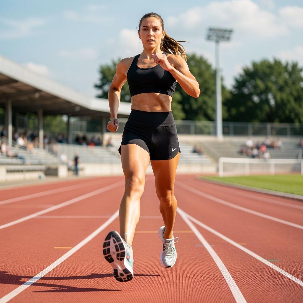Corredora profesional en pista de atletismo con zapatillas de running de última generación, mostrando la suela con amortiguación
