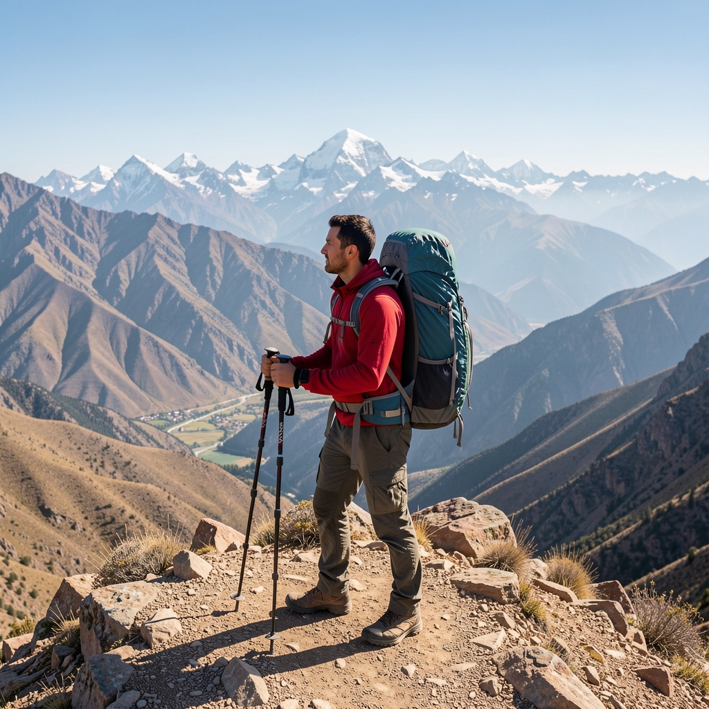 Trekker con mochila de 60 litros y bastones en la cima de un cerro en Mendoza con vista a la cordillera de los Andes