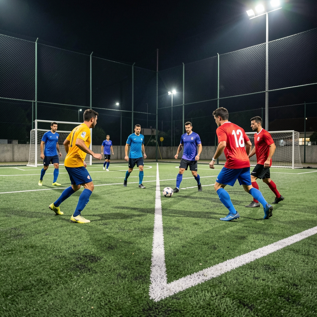 Cancha de fútbol 5 iluminada artificialmente con jugadores en plena disputa del balón, vistiendo camisetas de colores distintos sobre césped artificial verde y líneas blancas recién pintadas