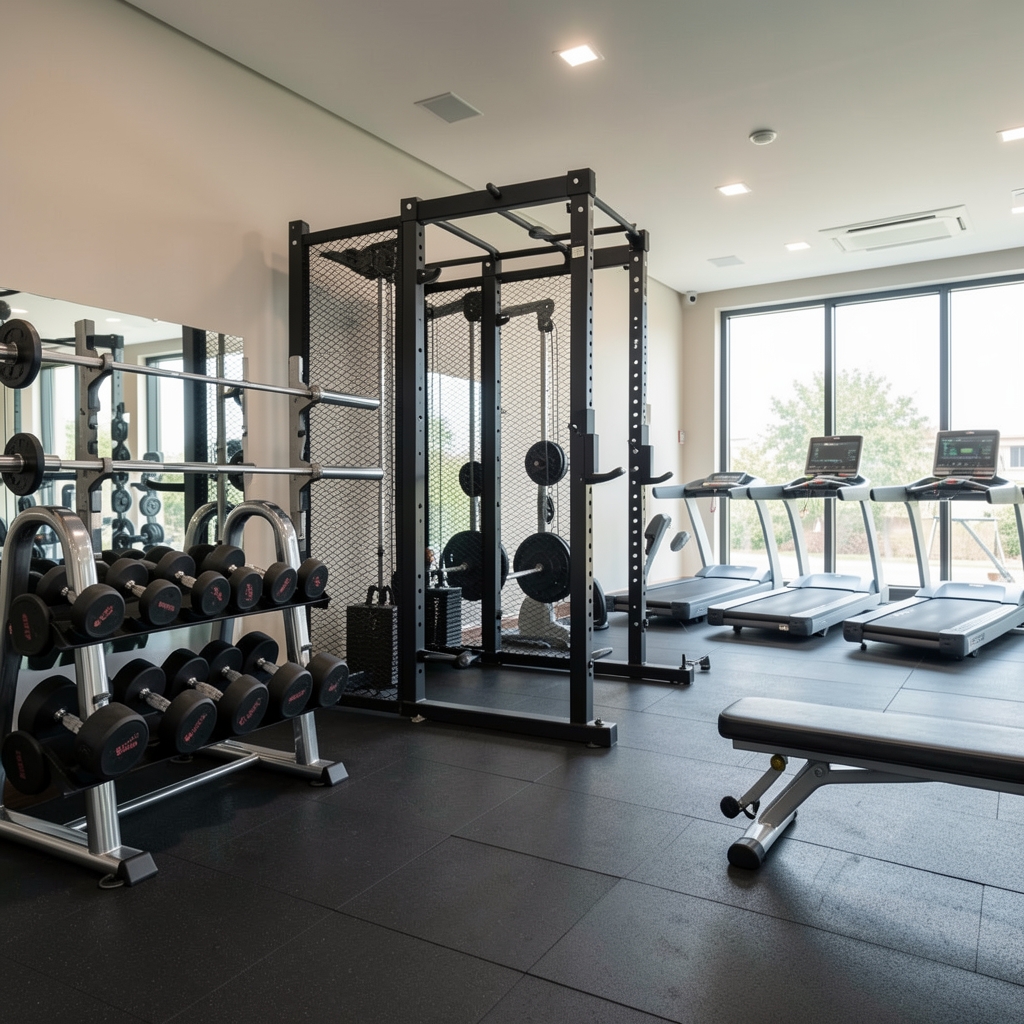 Sala de fitness profesional iluminada con equipamiento completo: rack de mancuernas cromadas, barras olímpicas, jaula de potencia negra y máquinas de cardio alineadas junto a ventanales