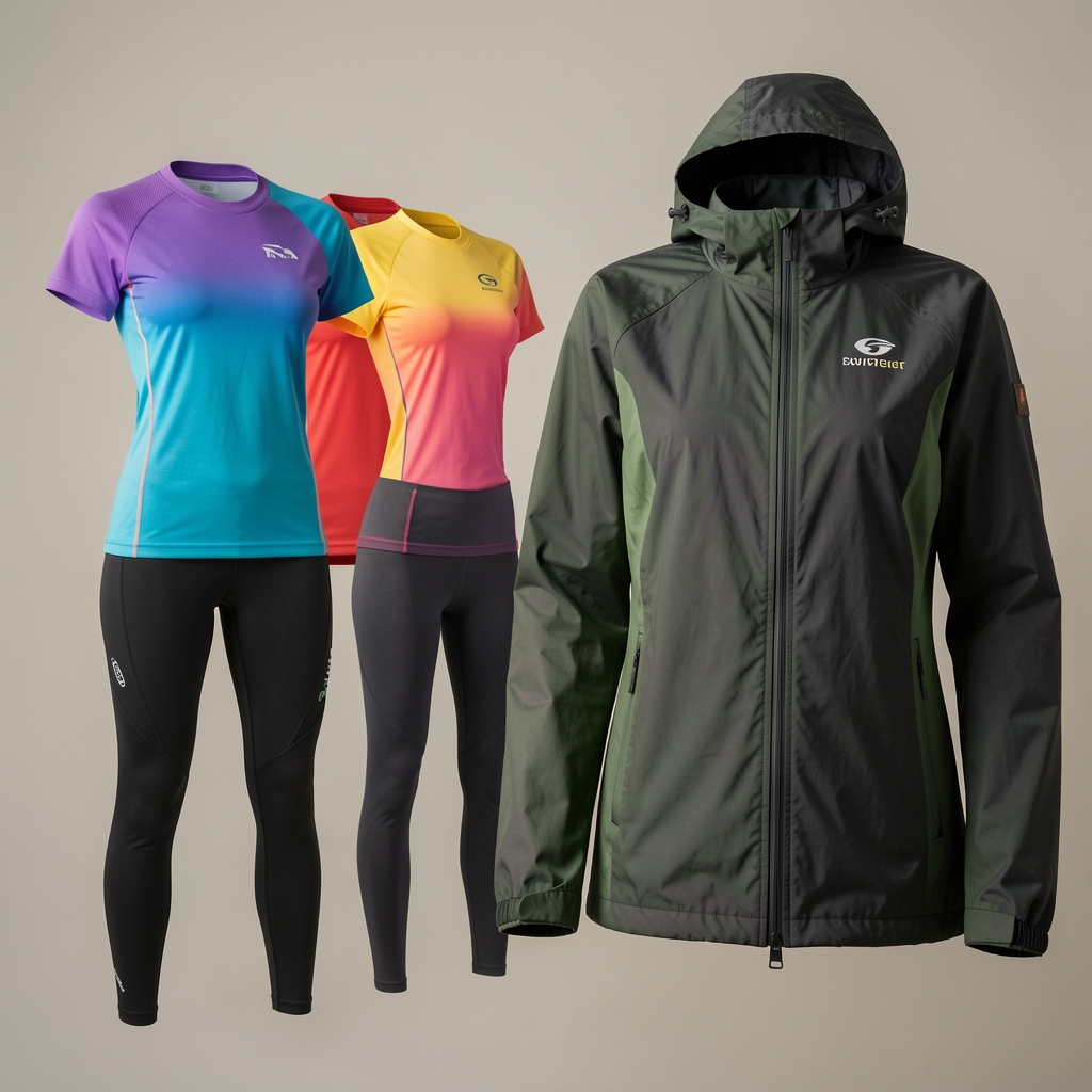 Colección de ropa deportiva técnica femenina y masculina en colores vibrantes: remeras de secado rápido, calzas de compresión y camperas impermeables con logotipos de marcas premium sobre fondo neutro