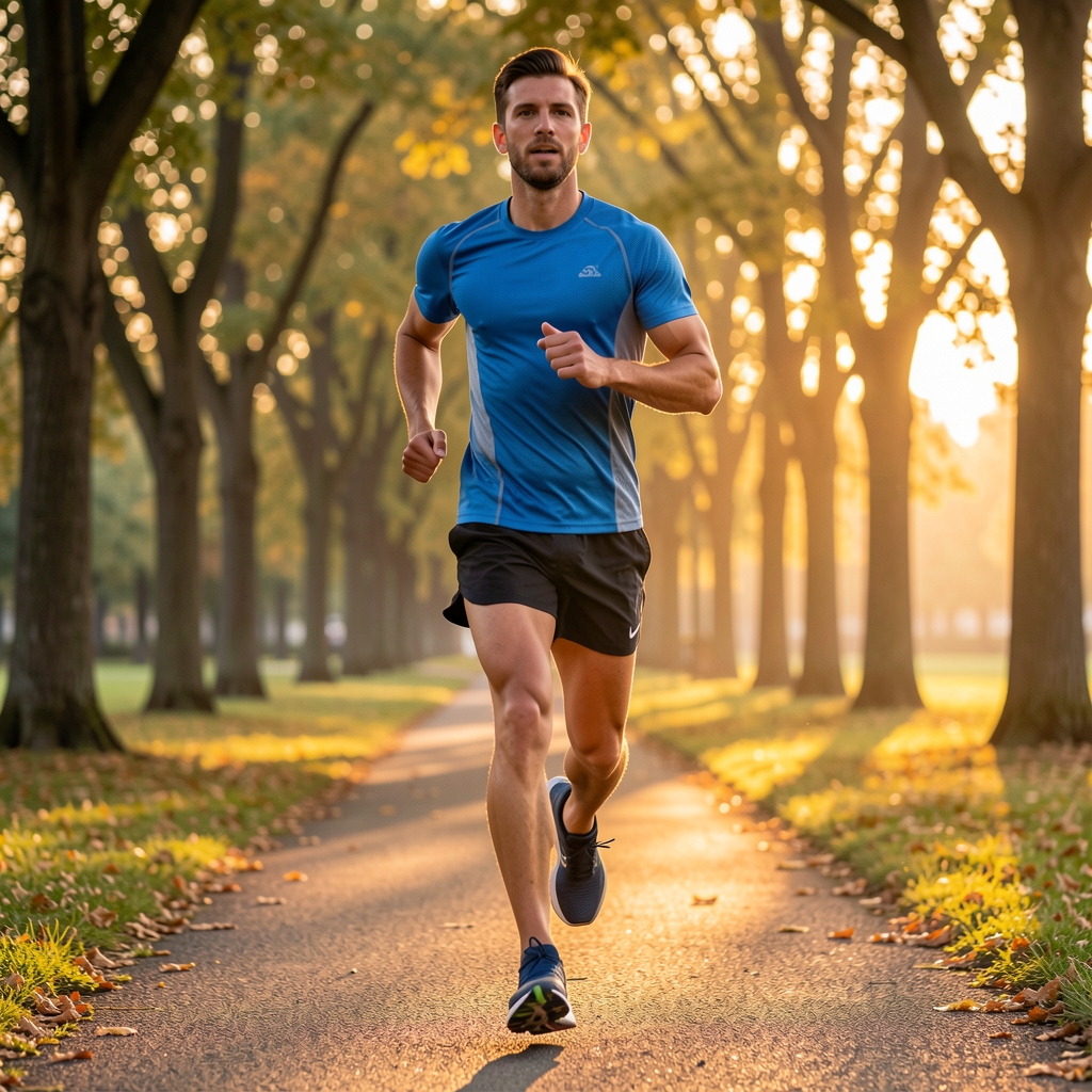 Corredor profesional en plena carrera por un parque arbolado de Buenos Aires al amanecer, vistiendo ropa técnica de running y zapatillas con amortiguación de alta gama