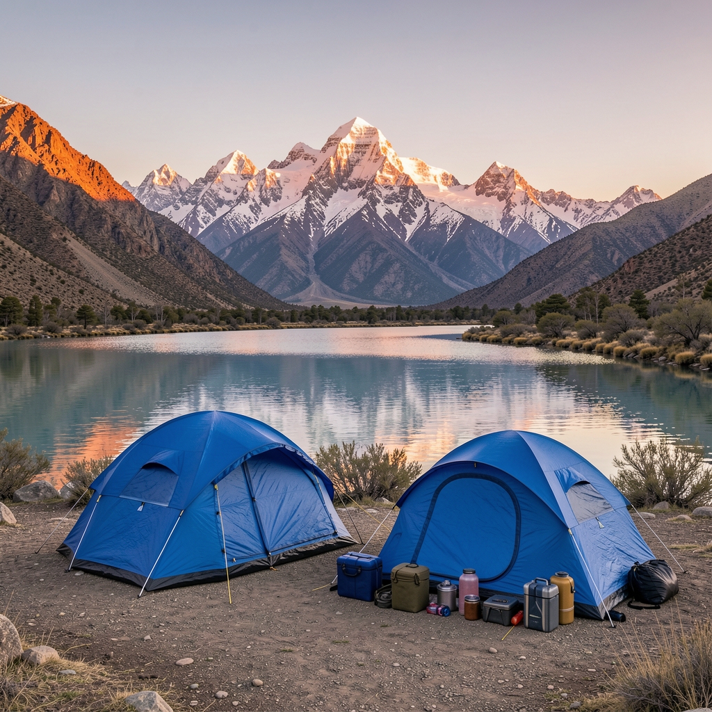 Campamento en la Patagonia argentina con dos carpas dome azules junto a un lago cristalino, montañas nevadas de fondo al atardecer y equipo de camping organizado afuera