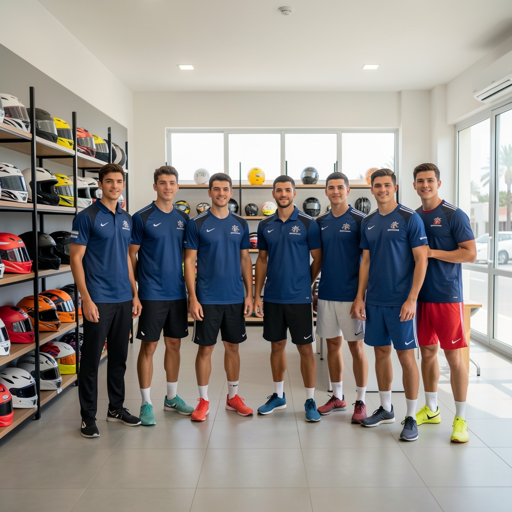 Equipo de Sportivox en su showroom de Bahía Blanca, grupo de profesionales deportivos jóvenes reunidos frente a exhibición de equipamiento deportivo