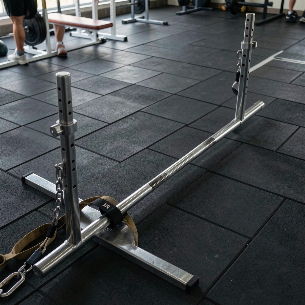 Barra olímpica de acero cromado de 20 kg con 220 cm de longitud y collares de seguridad incluidos, sobre suelo de goma negro de gimnasio