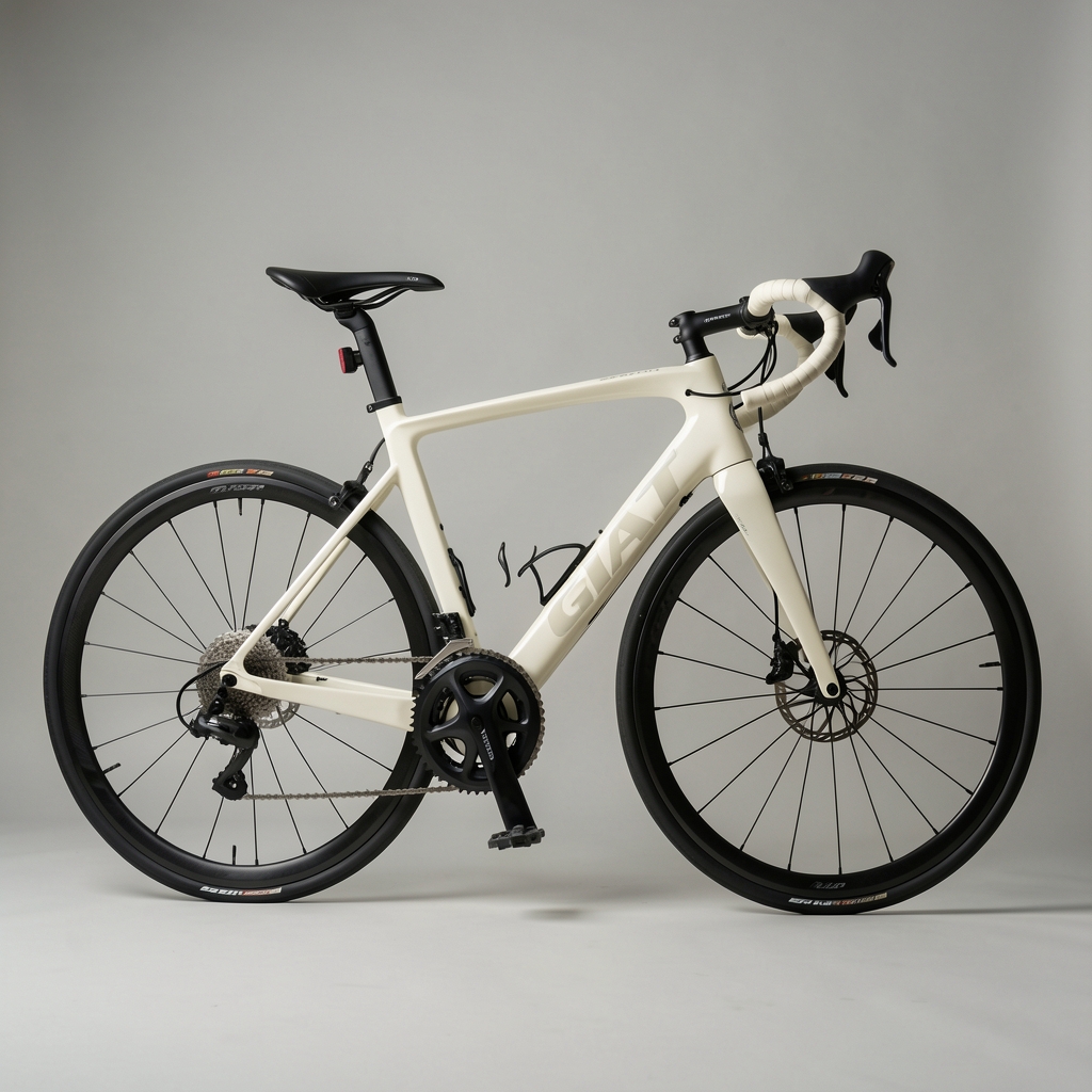 Bicicleta de ruta Giant TCR Advanced Pro color blanco perla con cuadro de carbono, grupo Shimano Ultegra y ruedas de perfil medio sobre fondo de estudio