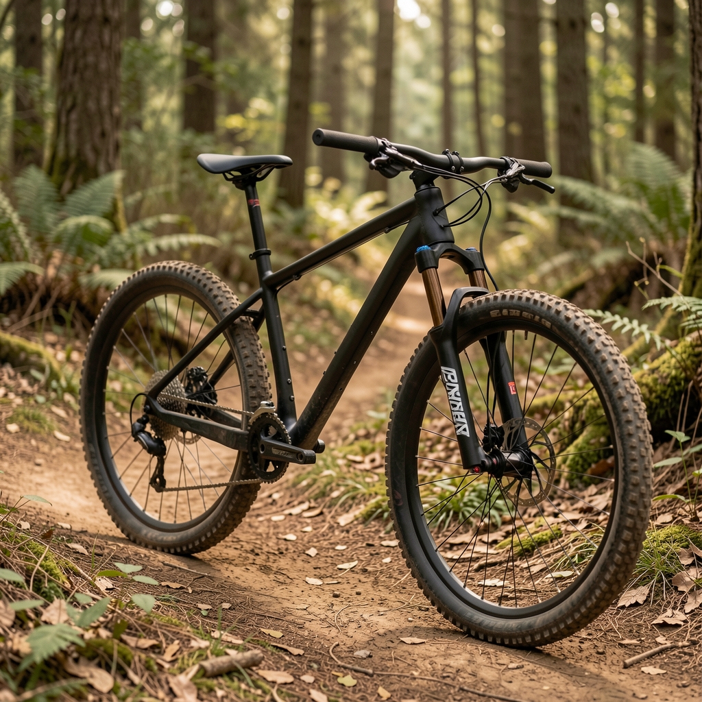 Tres bicicletas mountain bike de distinta marca apoyadas en una pared con ficha de especificaciones técnicas