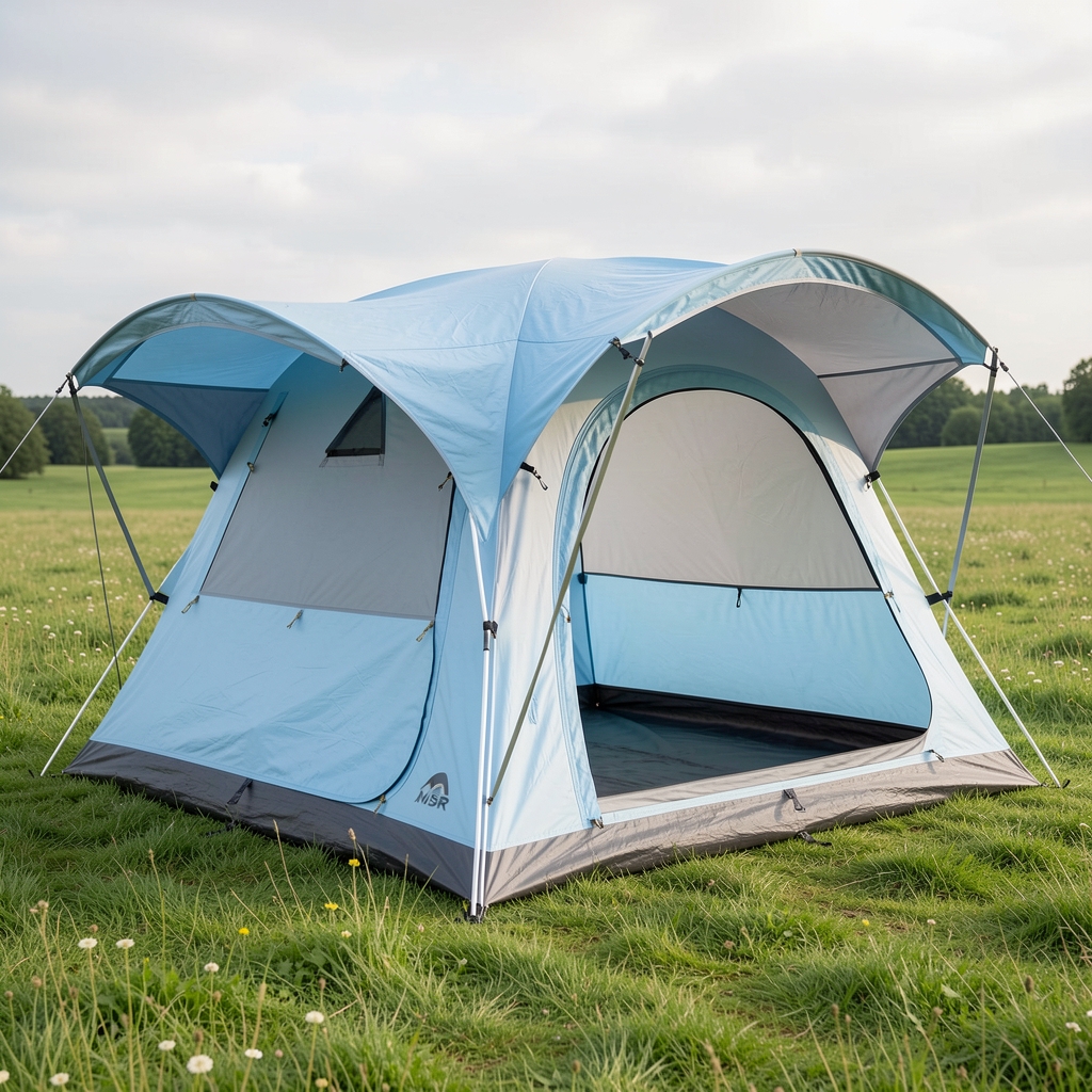 Carpa de camping MSR Hubba Hubba NX 2 personas color azul cielo y gris, montada en un prado verde con cierres impermeables y doble techo con ventilación ajustable