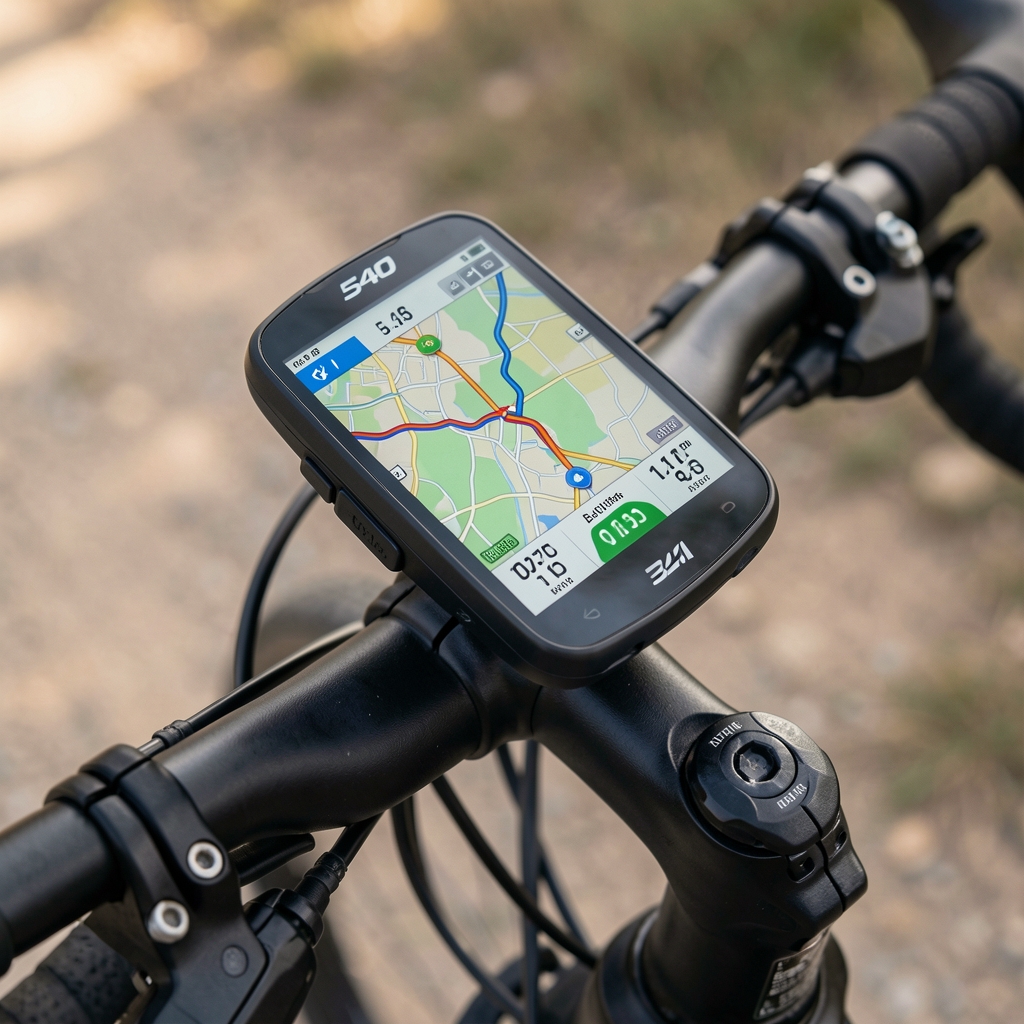 Ciclocomputadora GPS Garmin Edge 540 montada en manubrio de bicicleta, mostrando mapa de ruta, velocidad y datos de potencia en pantalla a color