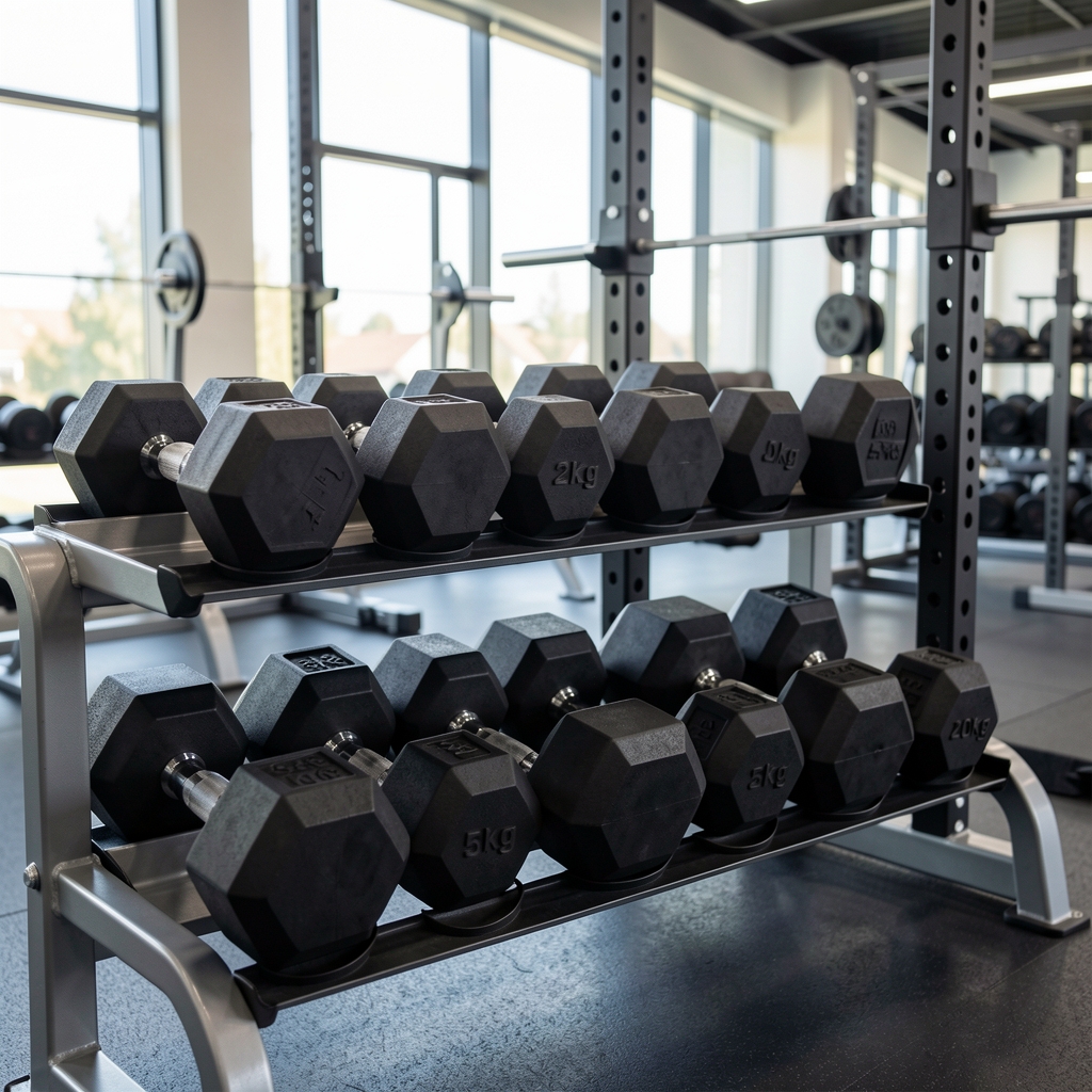 Set de mancuernas hexagonales de hierro fundido con recubrimiento de goma negro, pesos de 5kg a 20kg alineadas en un rack metálico de gimnasio