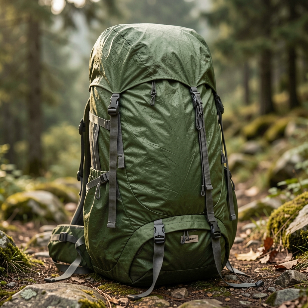 Tres mochilas de trekking de alta capacidad sobre una roca en paisaje de montaña con etiquetas de comparación visible