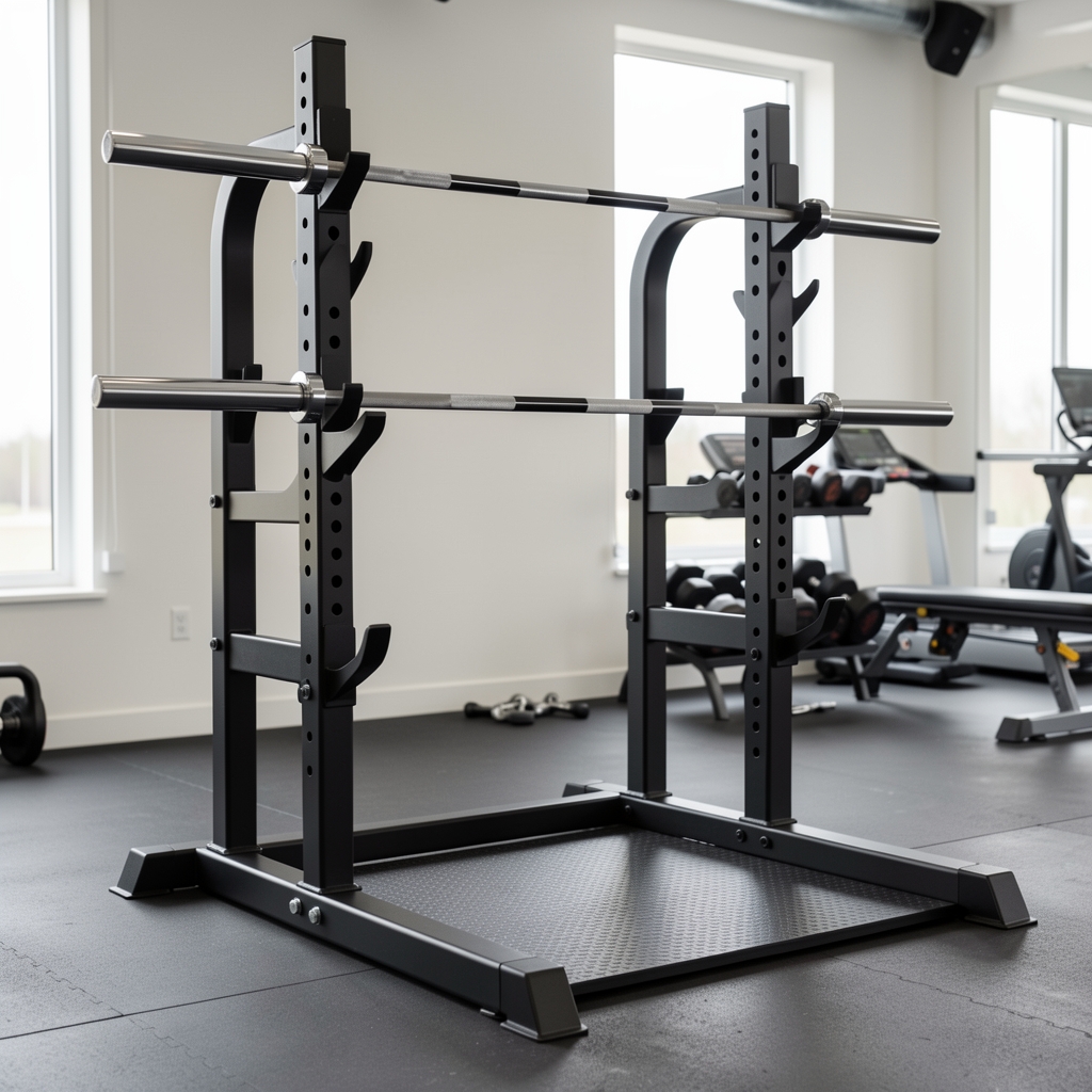 Rack de sentadillas de acero color negro con barras de seguridad ajustables, ganchos cromados y base antideslizante para entrenamiento de fuerza en home gym