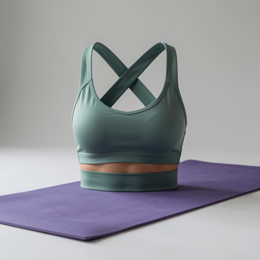 Set de ropa de yoga femenino Reebok: top deportivo de tiras cruzadas en la espalda y malla de cintura alta color verde salvia, sobre fondo de estudio con esterilla