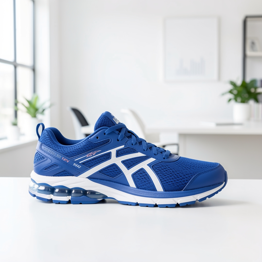 Zapatillas de running profesionales color azul y blanco con suela de amortiguación de gel y mesh transpirable, vista lateral sobre fondo blanco