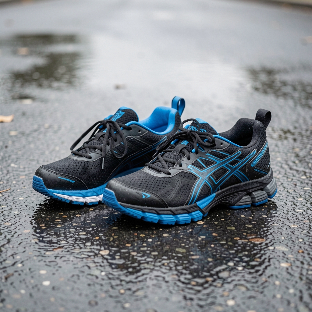 Par de zapatillas de running profesionales Nike React Infinity Run en color negro y azul sobre superficie de asfalto mojado, mostrando su suela de amortiguación