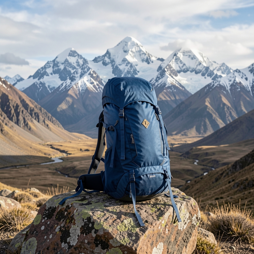 Mochila de trekking Osprey Aether 65 litros de color azul marino apoyada sobre roca en paisaje de montaña patagónica con picos nevados al fondo